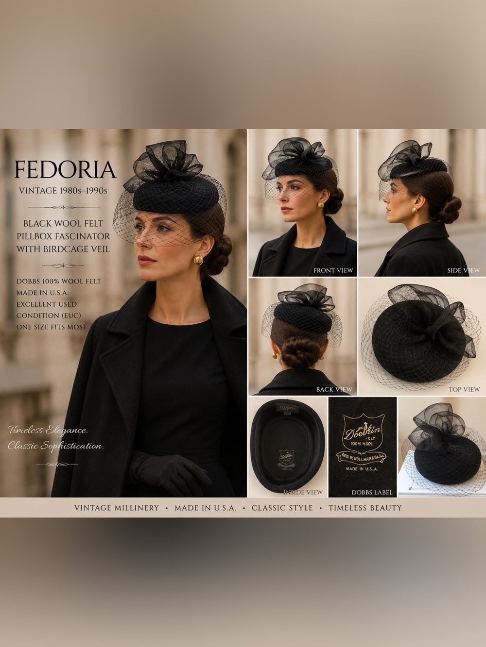Vintage FEDORIA Black Wool Felt Fascinator Pillbox Hat Birdcage Veil